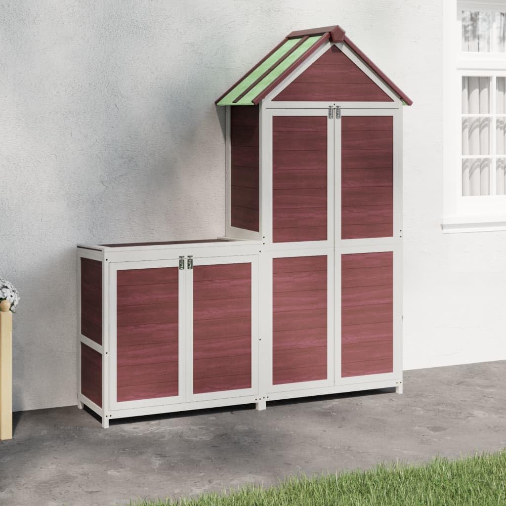 Juego de 2 cobertizos de madera maciza de pino moca para herramientas de jardín con techo impermeable y soporte de pared, almacenamiento organizado para herramientas y herramientas de cuidado del