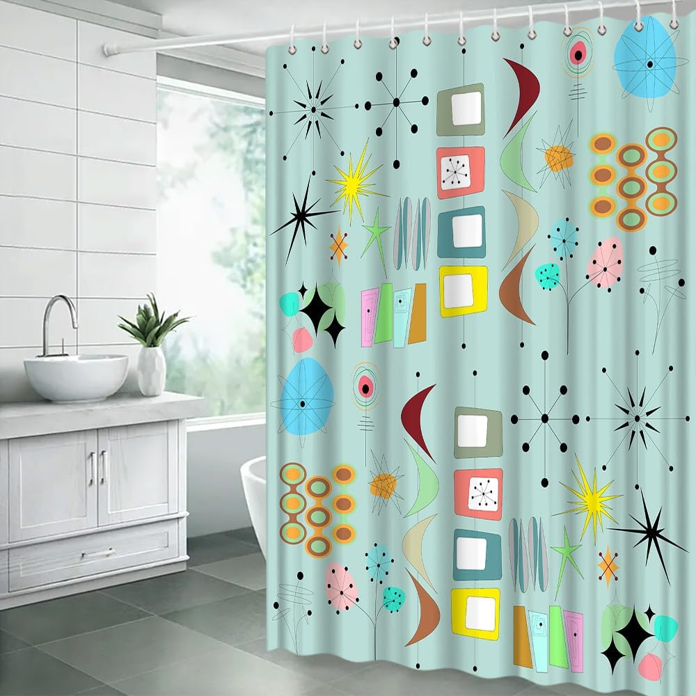 Mid Century Shower Curtain Retro Atomic Abstract Modern Geometric Colorful Vintage 50s 60s Aesthetic Fabric Bathroom Decor Curtain with Hooks