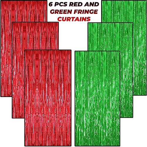 Image of 6 Pieces Foil Fringe Tinsel Party Curtains for Photo Backdrop (RED-Green) | Fringe Curtains for Merry Christmas Decoration