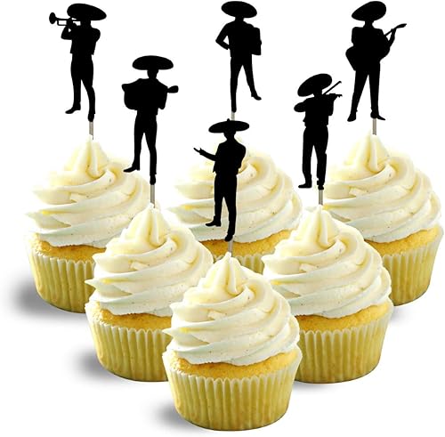 Mariachi Charro Silhouette Cupcake Topper Cardstock 12 por paquete Cupcake