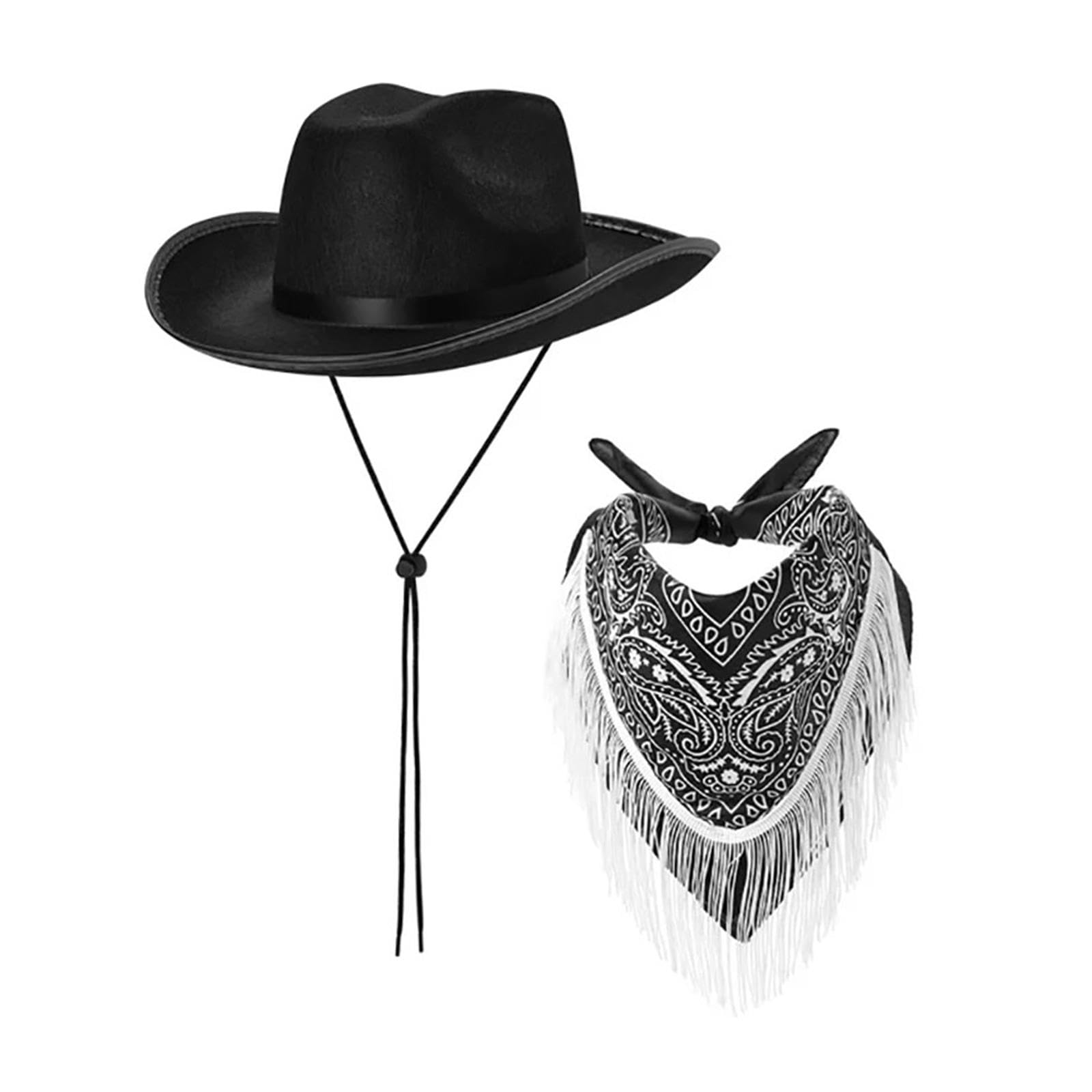 Cowboy Hat and Bandana Set Dress up Cowgirl Hat for Club Theme Party Wedding Black
