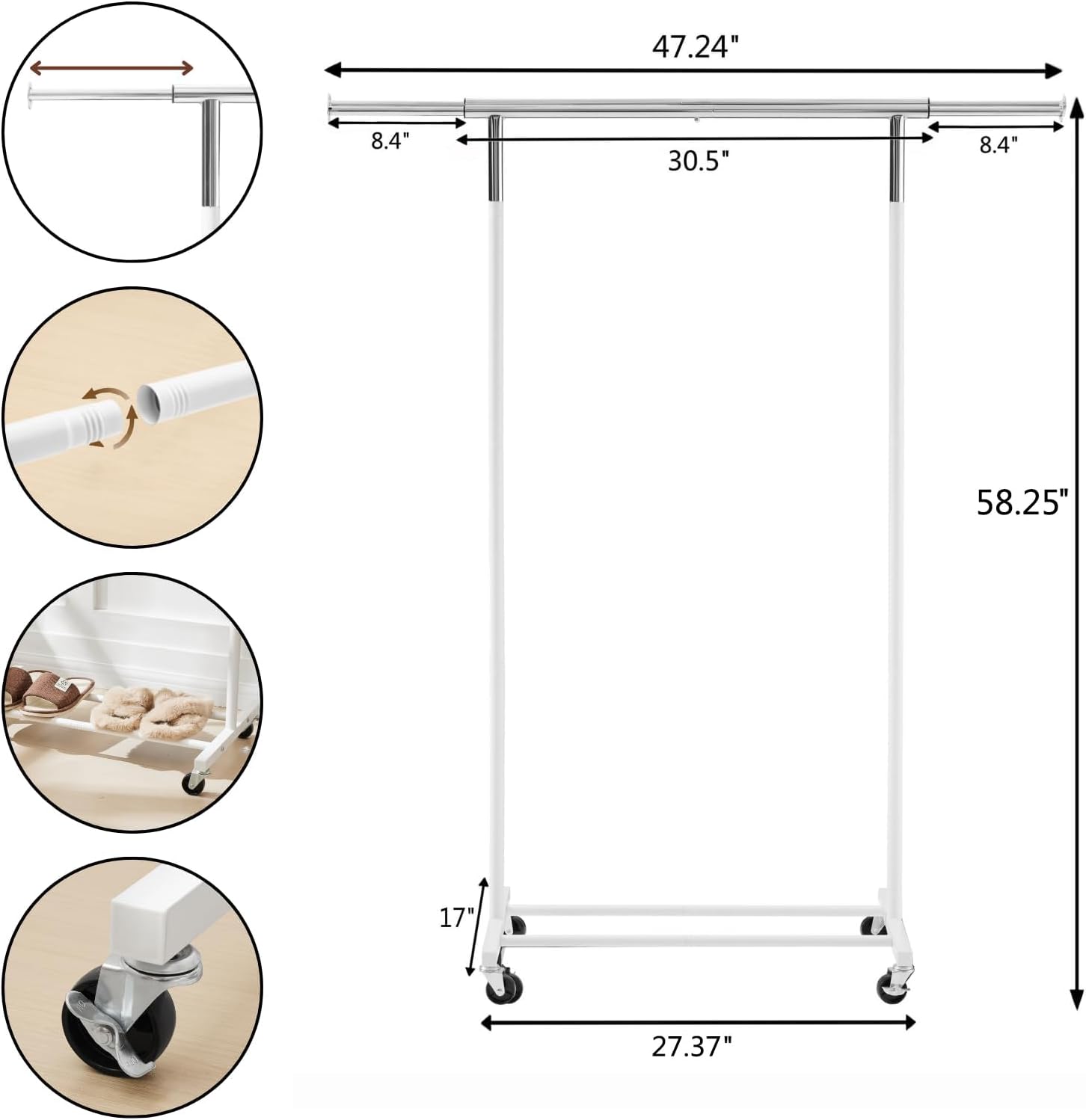MAX Houser Standard Rod Clothing Garment Rack,Metal Rolling Clothes Organizer on Wheels for Hanging Clothes,Coats Skirts Shirts Sweaters,Extensible,White - Image 5