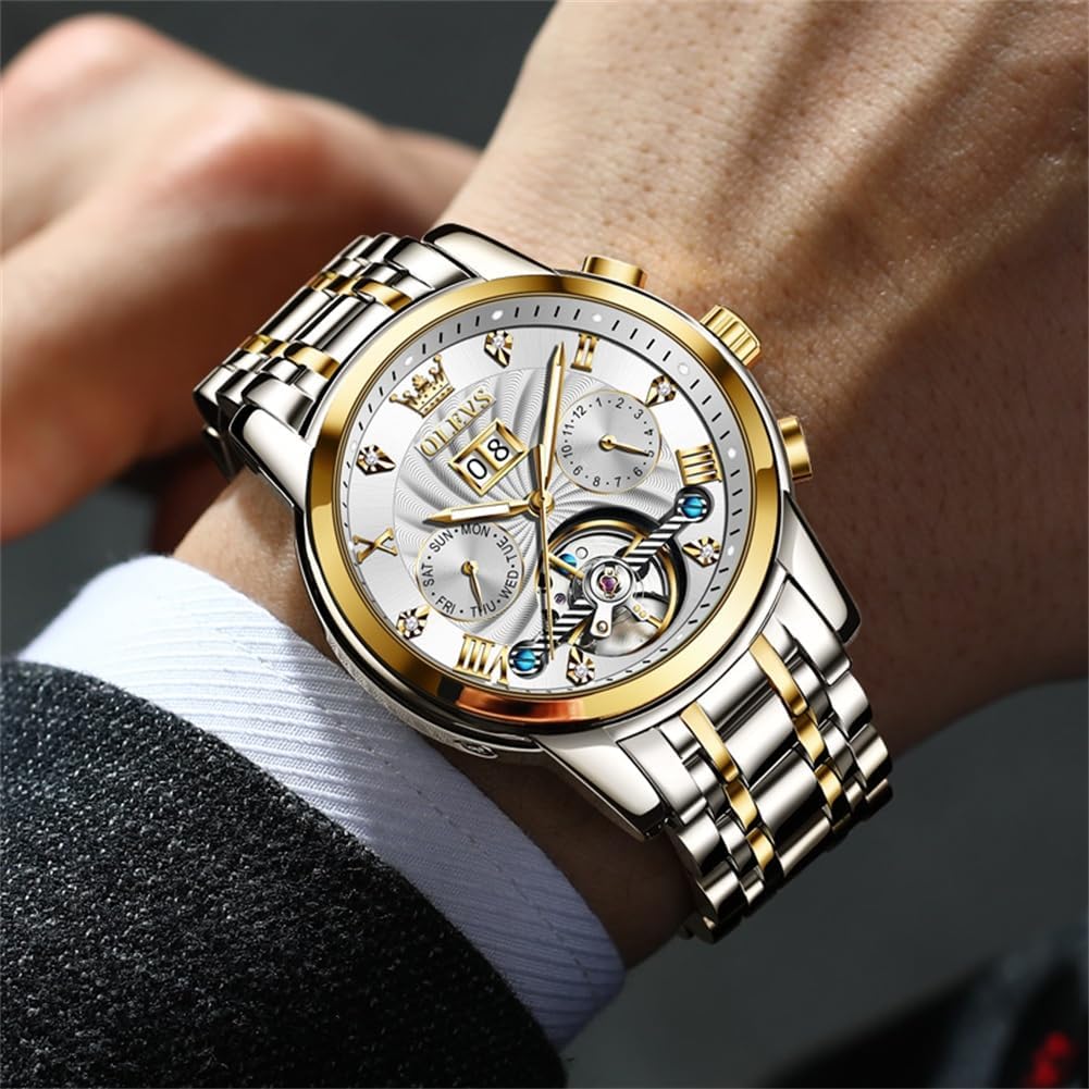 OLEVS Mens Automatic Watches Self Winding Mechanical Skeleton Tourbillon Luxury Diamond Business Dress Date Wrist Watches for Men Waterproof Luminous