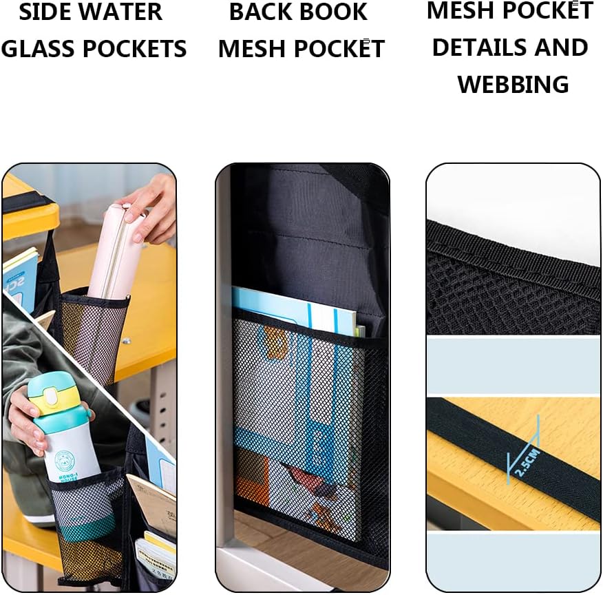Desk Side Hanging Storage Bag with Water Bottle ,Books Orgnaizers,Files Storage and Pen Holder,Durable Oxford Material.