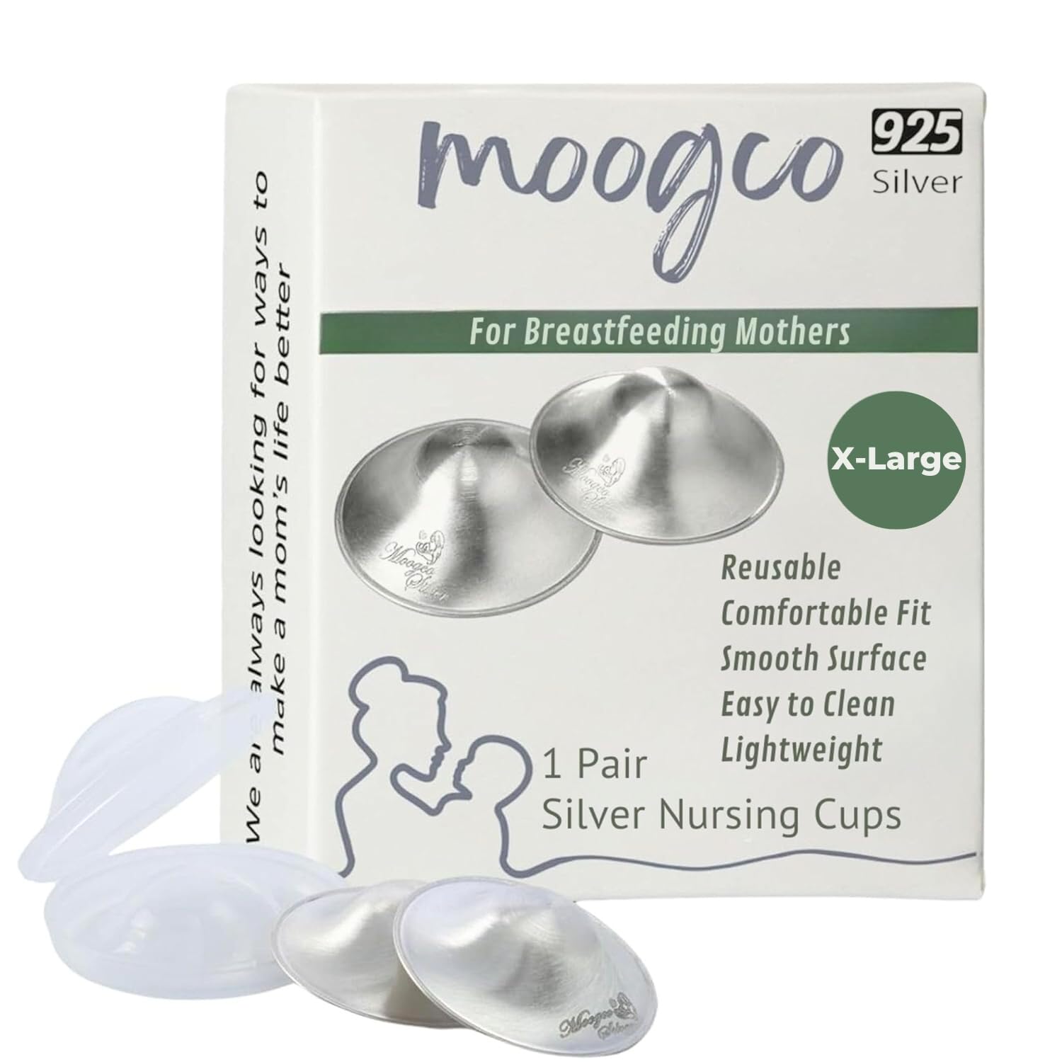MOOGCO The Original Silver Nursing Cups X-Large | Pure 925 Sterling Silver Nipple Shields for Breastfeeding - main product image