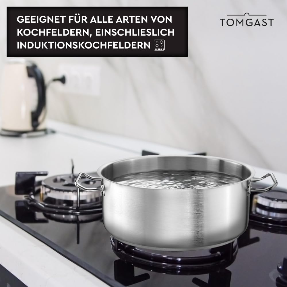 Tegame TOMGAST Diametro: 28 cm Altezza: 12 cm Capacità: 7 l | Acciaio inossidabile 18/10 | Spessore delle pareti da 1 mm a 1,2 mm | Fondo in alluminio-acciaio battuto | Induzione