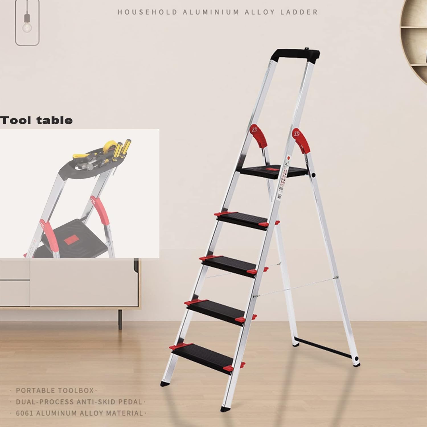 3-Step Step Ladder Aluminum Alloy Double Craft Widened Tread Comes with A Portable Tool Table Ladder Stool Steel Link Snap Riveted Steel Wire Reinforcement Multi-Function