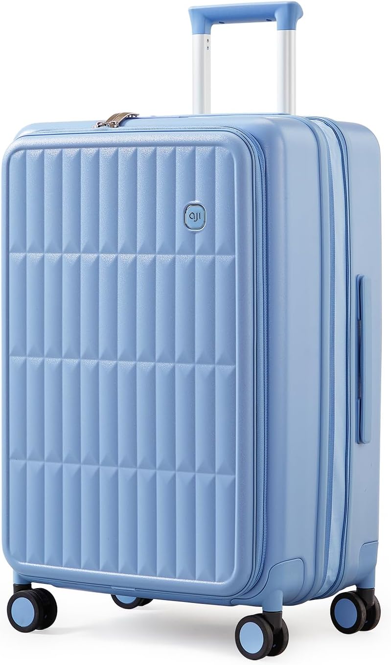 aji Expandable Top Open 24 Inch Checked Luggage with Spinner Wheels, Large Suitcase with TSA Lock, Hardside Travel Luggage Suitcases for Men Women, for 14+Days Travel, Blueberry Blue