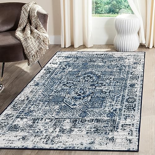 Lahome Boho Machine Washable Area Rug 3x5, Blue Bohemian Vintage Ultra Soft Small 3x5 Rug, Low-Pile Non-Shedding Carpet for Bedroom Bathroom Kitchen Nursery Bedside Entryway Hallway 3' x 5'