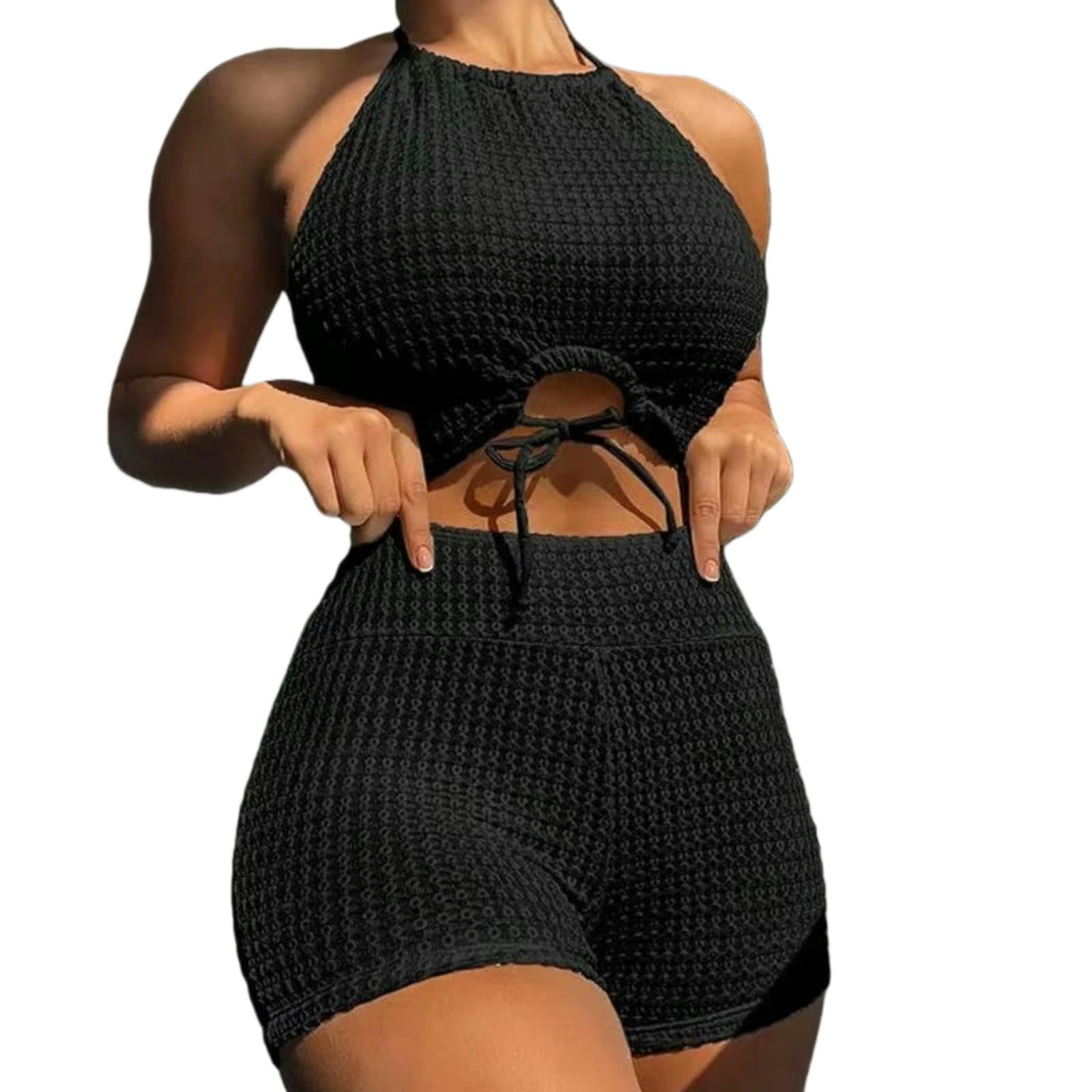 Bikini haute taille haut de gamme en tissu gaufré marron à cordon de serrage