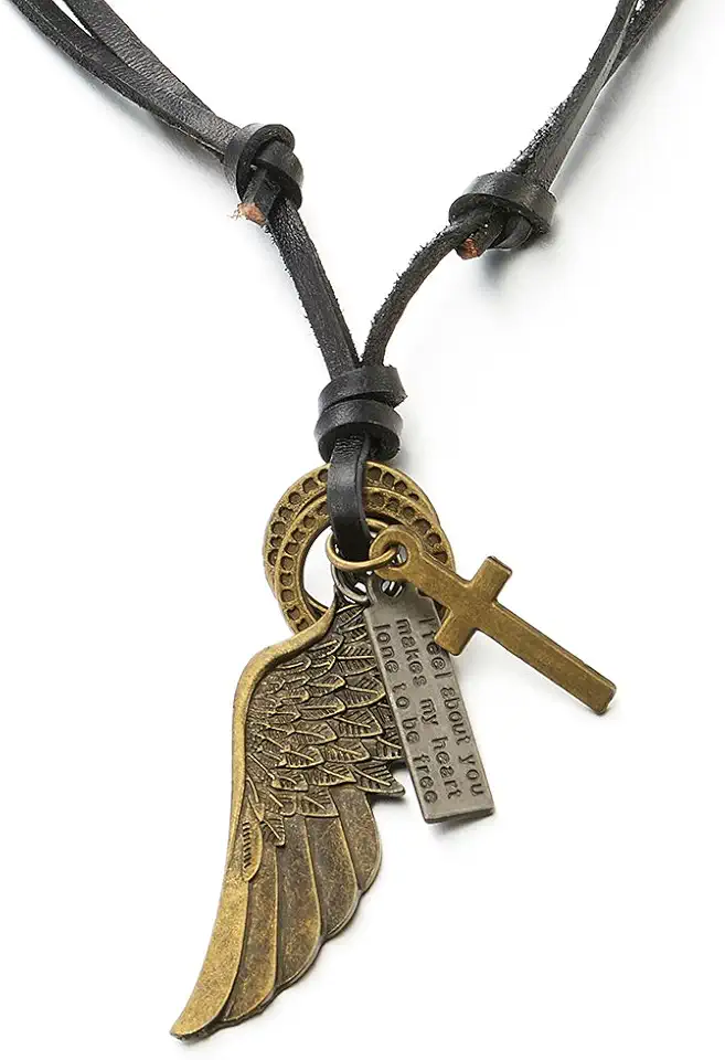 COOLSTEELANDBEYOND Retro Style Angel Wing Pendant Necklace Men Women with Adjustable Leather Cord