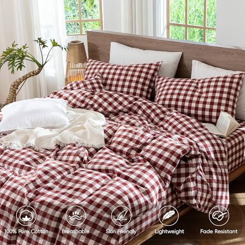 Image of MooMee Gingham Duvet Cover Set 100% Washed Cotton Linen Like Textured Breathable Durable Soft Comfy Modern Checkered Design (Buffalo Plaid Fired Brick Red, King 104 inchx90 inch)
