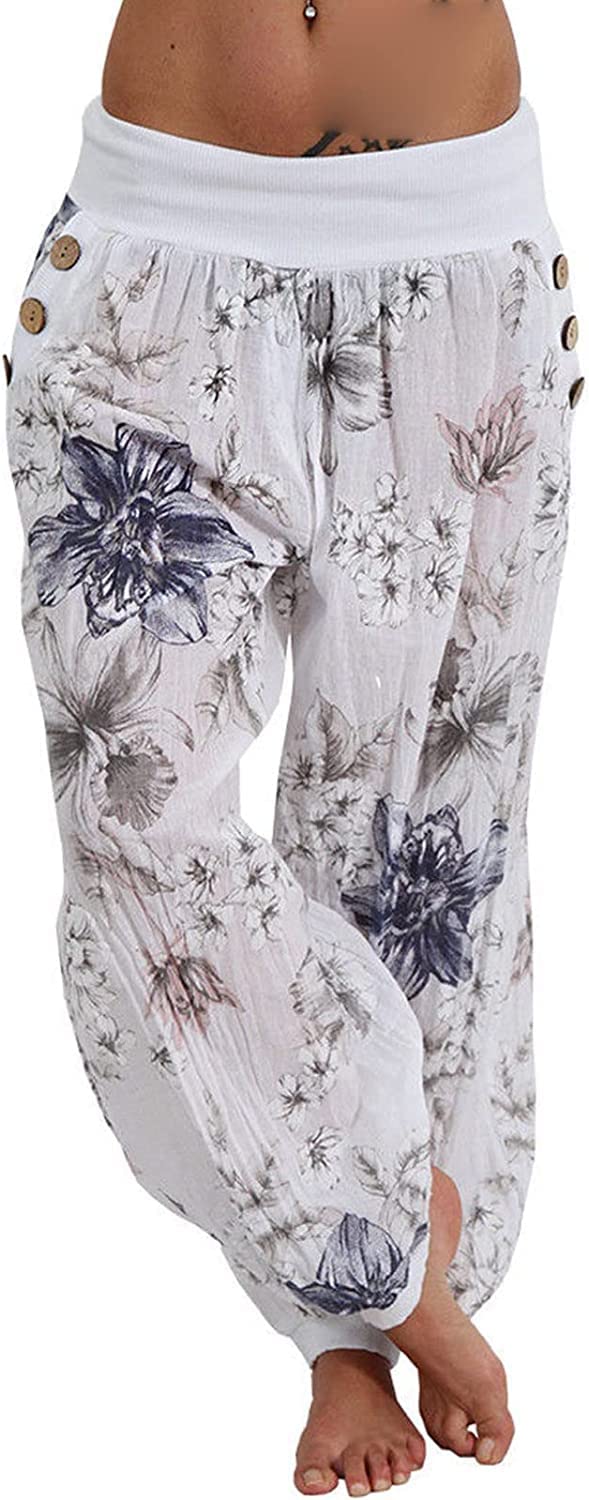 Womens Loose Fit Harem Pants with Vibrant Print Design - Casual Summer Cotton Hippie Trousers with Pockets