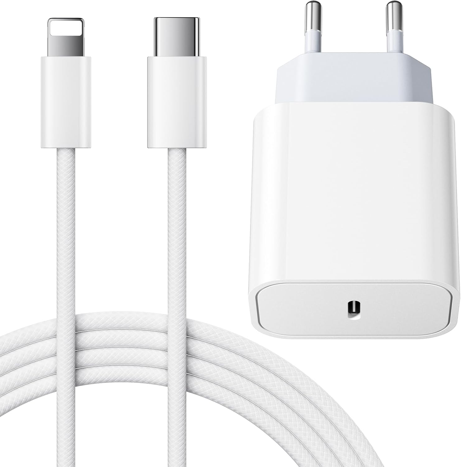Cargador rápido blanco de 25W para iPhone con cable USB-C de 2 metros