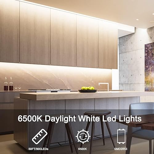 Miniatura 2 de VOLIVO Tira de luces LED blancas, tira de luces LED regulables de 16.4 pies, 6500 K, luz blanca brillante, adhesivo fuerte, cinta flexible para