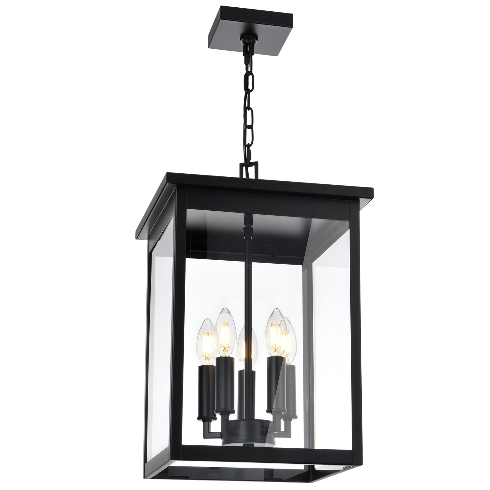 5-lights large outdoor pendant light fixtures, black exterior hanging porch light with adjustable chain & clear glass, waterproof ceiling mount lantern lighting yard front door, e12 bulb base
