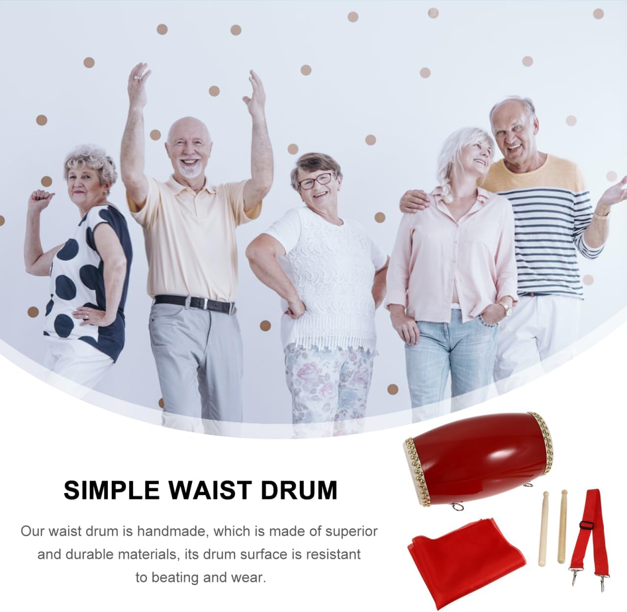 ibasenice Traditional Cowhide Waist Drum Hand Drum Set with Strap and Drumsticks 12.59 Inch Percussion Instrument for Kids Music Education and Cultural Performance