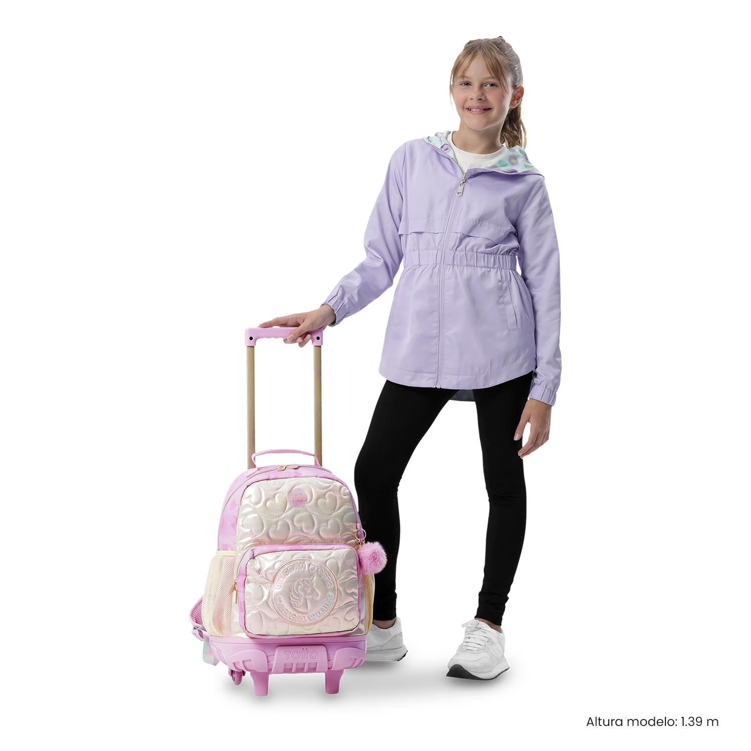 TOTTO - Mochila Escolar con Ruedas, Modelo Unicorn Kisses M, Mochila Mediana, Capacidad 23L, Bolsillos Botella, Compartimento Frontal, Protección en la Base, Correas Ajustables, Estampado Rosa