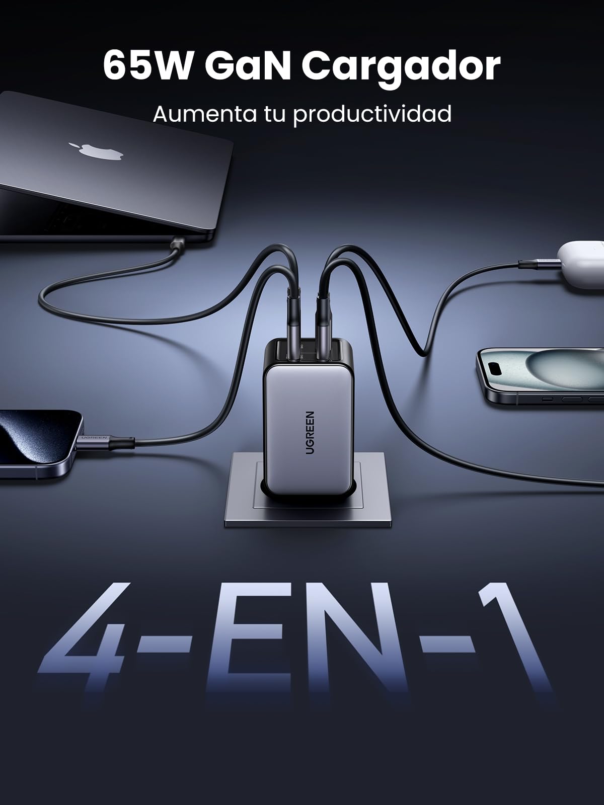 UGREEN Nexode 65W Cargador 3 USB C y 1 A Adaptador de Corriente GaNInfinity | PD 3.0 PPS 25W Compatible con iPhone 17 Pro Max Air 16 15 14 13 Galaxy S26 25 24 Pixel 10 Pro iPad MacBook M5 M4 Steam Deck