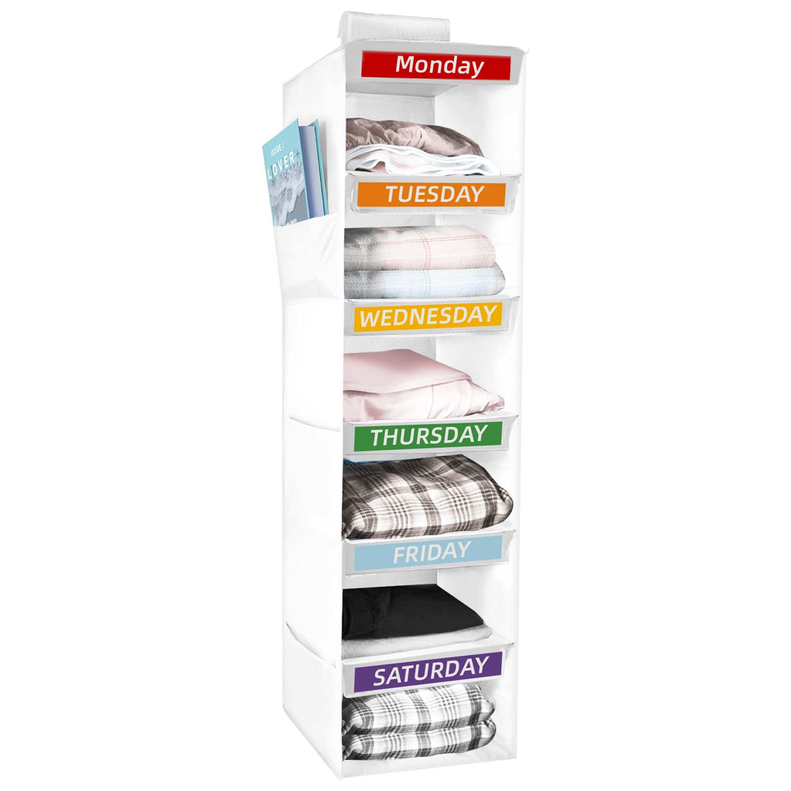 NYTGAH Weekly Clothes Organizer for Kids with 6 Shelves, Kids Closet Organizers and Storage Monday Through Friday,Weekday and Weekend Hanging Closet Shelves with 6 Side Pockets (White)