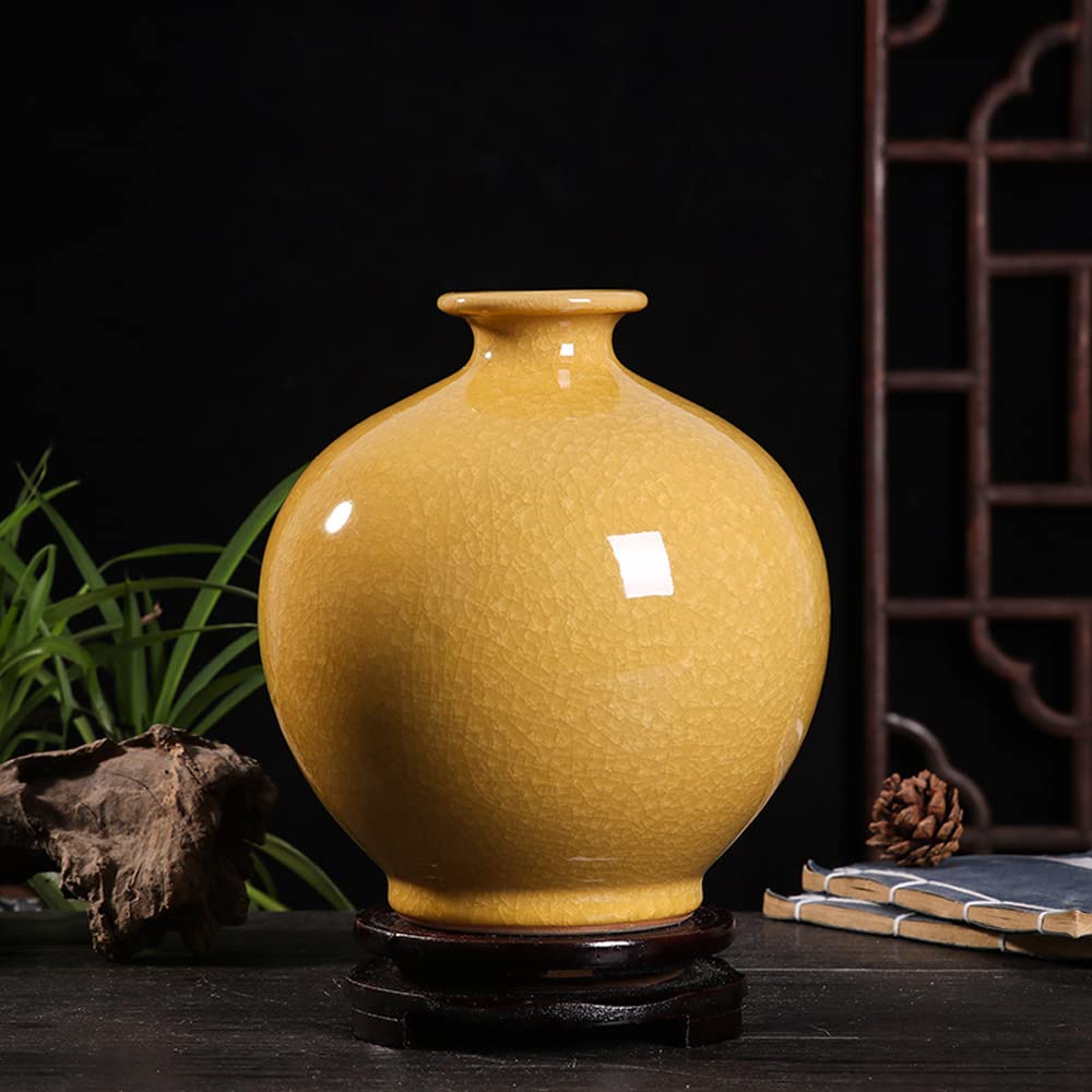asdchZen Chinese Yellow Cracked Glazed Jade Piece Color Glazed Vase Jingdezhen Ice Cracked Glaze Handmade Simple Chinese Ceramic Decorative Vase Gift,I