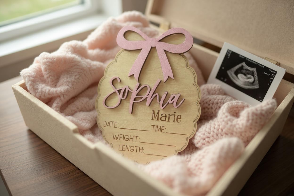 Personalized Bow Scallop Edge 3D Baby Name + Stat Sign Bundle, Engraved Birth Announcement Plaque, Baby Shower - Newborn Keepsake (Bundle Name + Stat Sign)