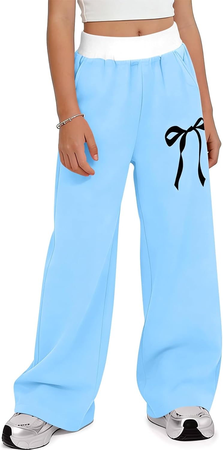 Haloumoning Girls Sweatpants Baggy Bow Wide Leg Athletic Dance Pants 5-14Y