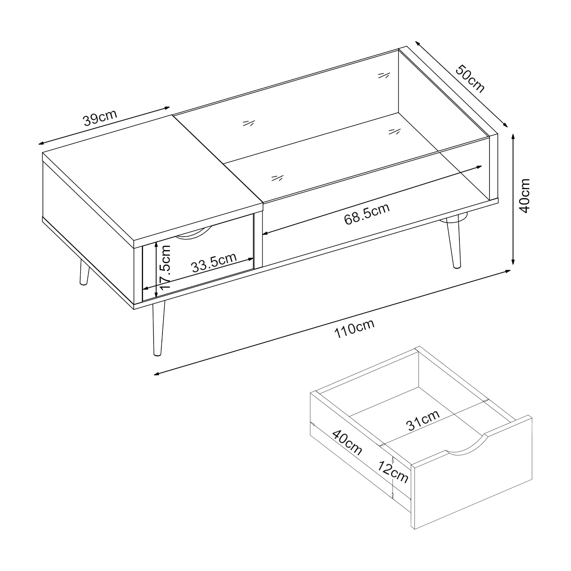 [en.casa] Couchtisch Markaryd Wohnzimmertisch mit Stauraum Walnuss-Optik Glasplatte Sofatisch mit Schublade rechteckig 110 x 50 x 40 cm