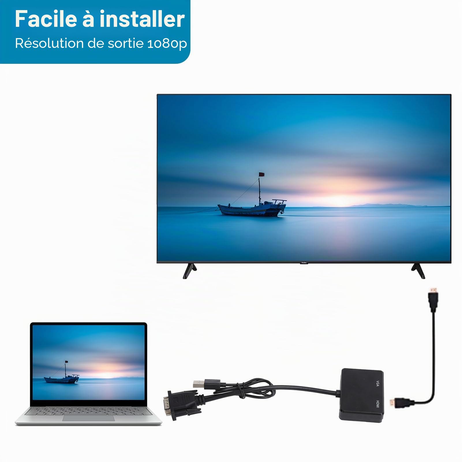 Agatige Adaptateur VGA vers HDMI 1080P Convertisseur Répartiteur 1 en 2 Sorties pour PC Projecteur Noir