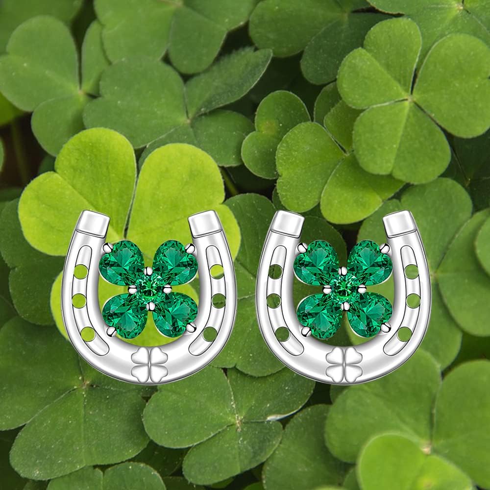 Shamrock Earrings Sterling Silver St Patrick’s Day Earrings Lucky Horseshoe Stud Clover Earrings Four Leaf Clover Emerald Green Irish Gifts - Image 4