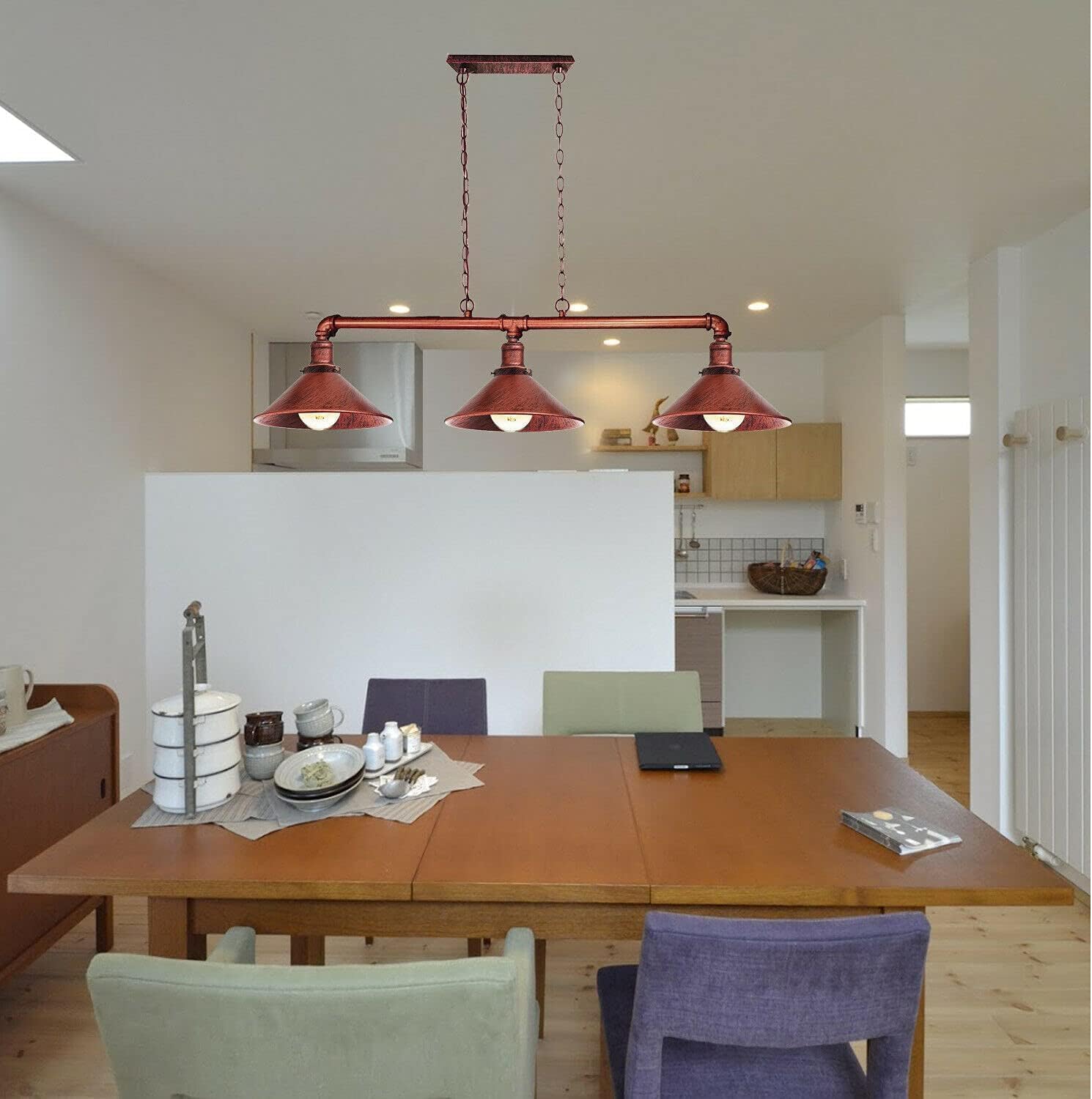 LEDSone Barra luminosa a 3 vie in stile vintage vintage stile steampunk con paralume lampada a sospensione lampada da soffitto in metallo (Rustic Red)