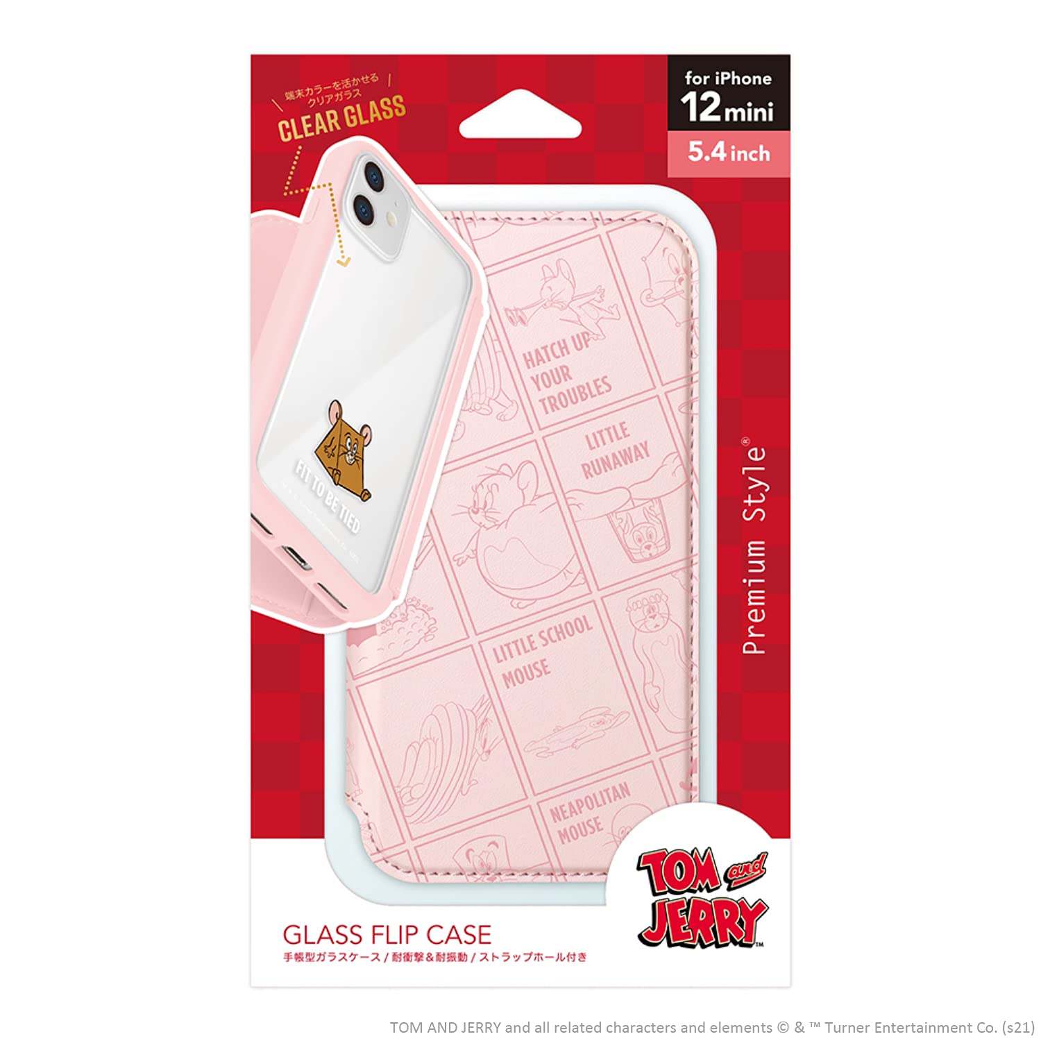 Premium Style iPhone 12 mini用 ガラスフリップケース [トムとジェリー/ピンク] PG-WGF20F01TAJ
