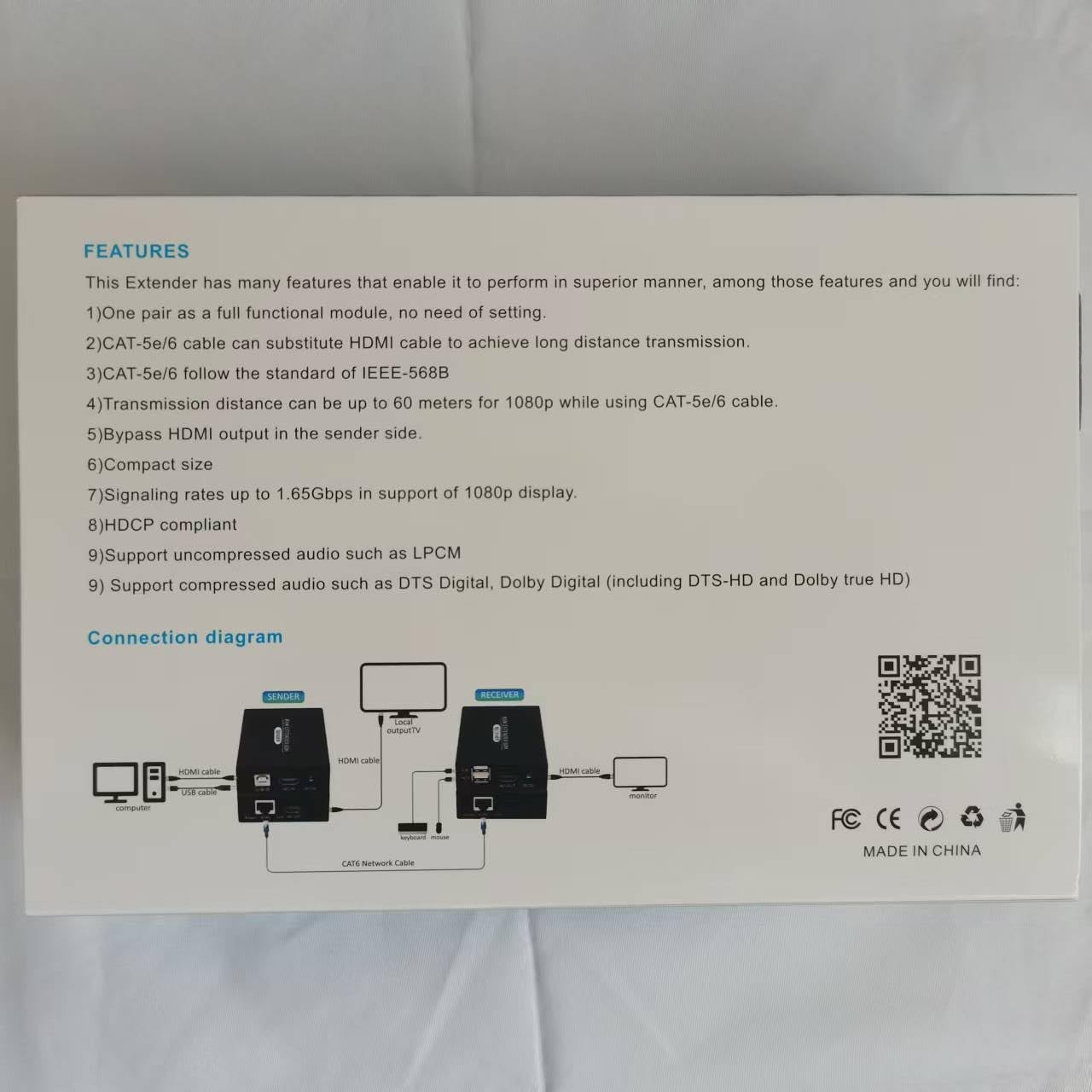 Extensión KVM HDMI 60 m en Cat5e/Cat6, HDMI 1080p, alargador KVM USB, transmisión con hebilla, negro, montaje en rack