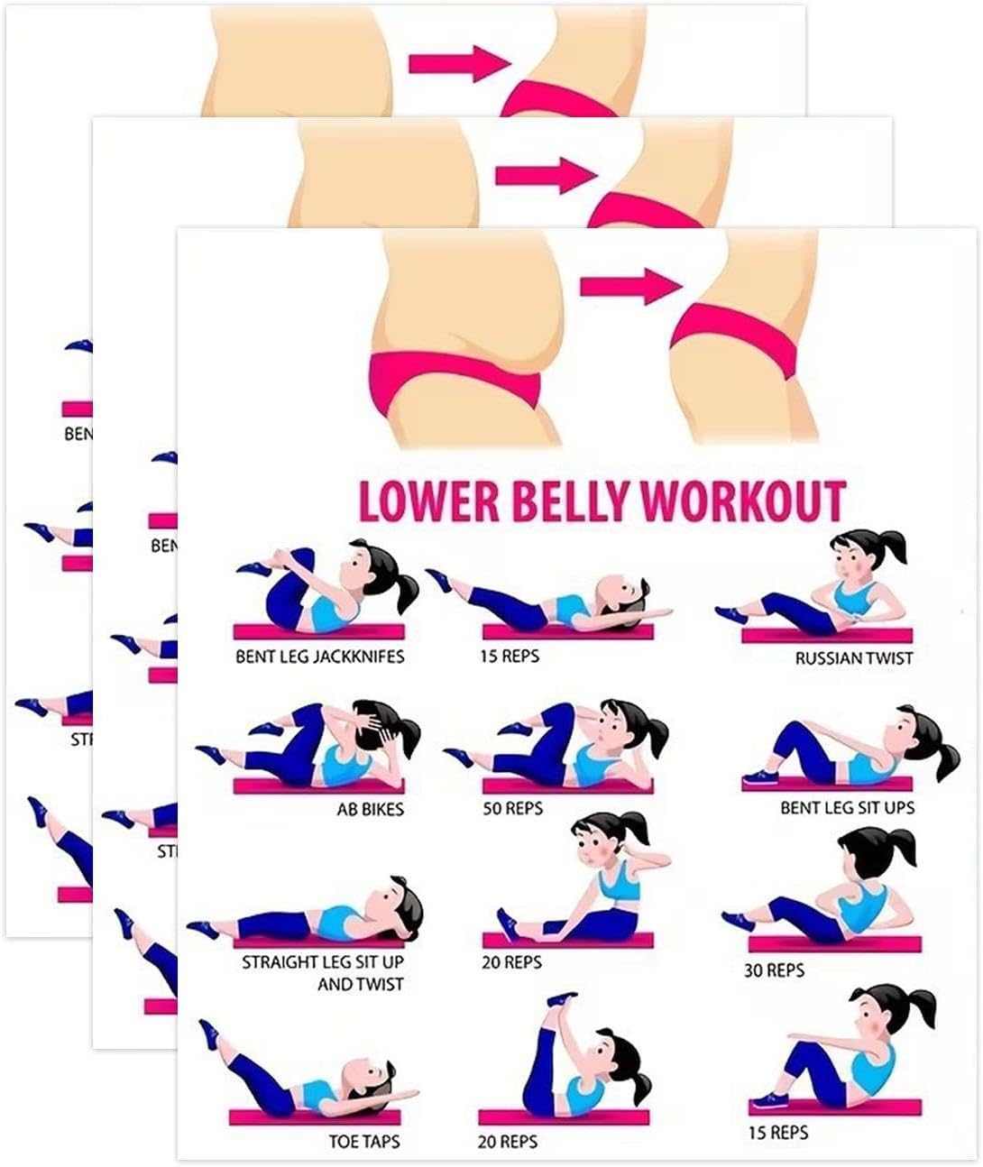 Ab Workout Poster - 3 Pieces Ab Core Training Guide, Lower Abdomen Fitness Chart with Alignment Visuals, Training Routine, At-Home Workout Planner for Gym Studio Garage Bedroom
