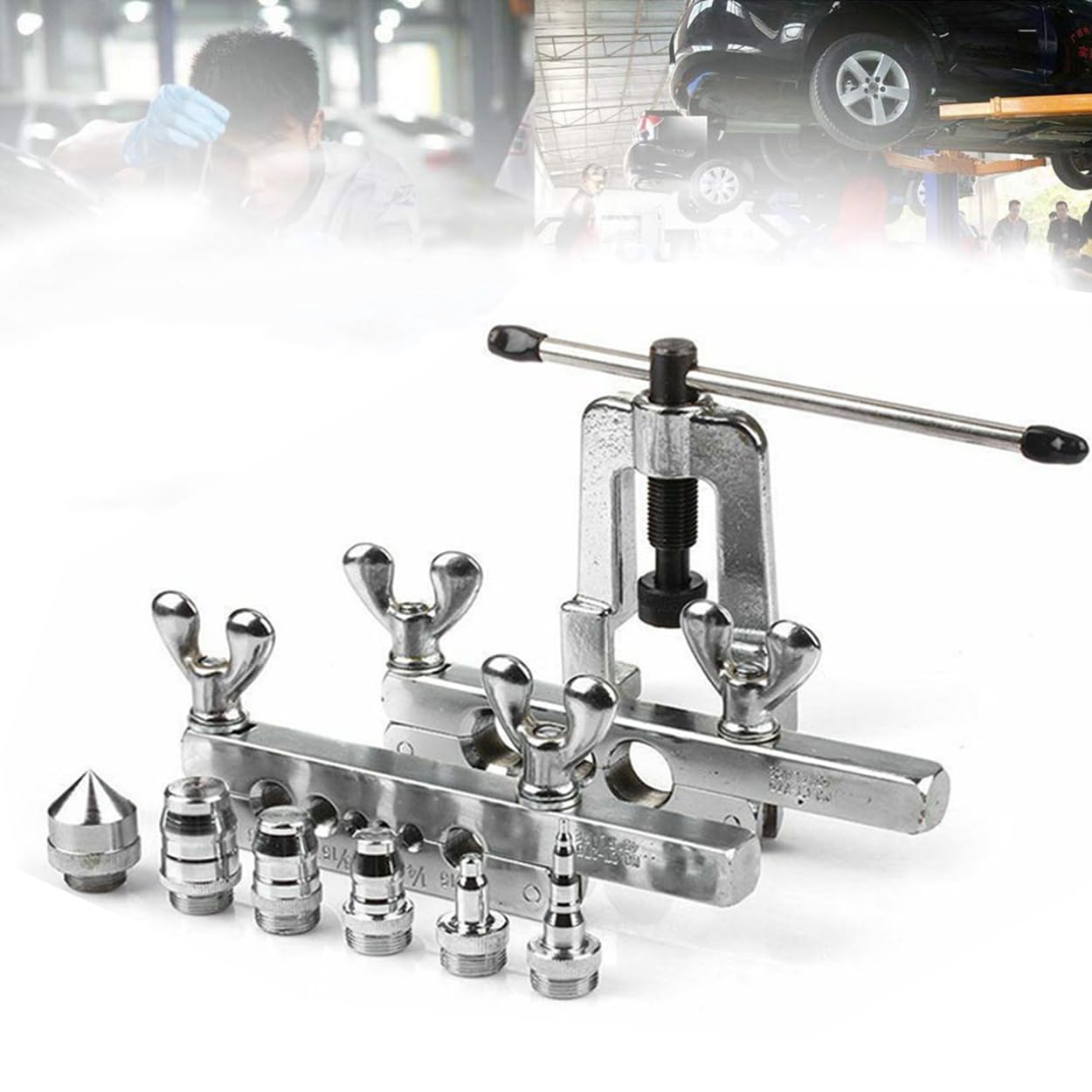 Maizoon Kit de herramientas abocardadoras de 1/8"-3/4" con 2 barras 5 adaptadores de estampación Tubo Swage 7 para expandir la línea de freno Tubería de cobre y aluminio de refrigeración