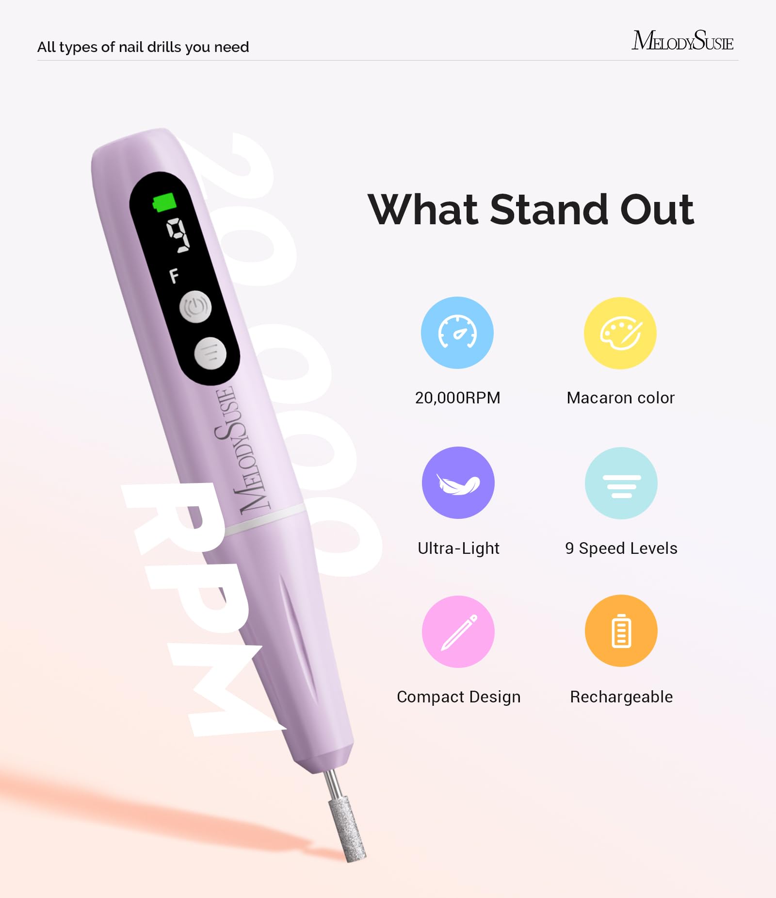 MelodySusie PC90G Rechargeable Nail Drill 20000RPM, Portable Electric Nail File for Manicure & Pedicure - Image 2