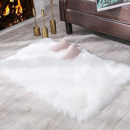 Carvapet Fluffy Shaggy Soft Faux Sheepskin Fur Area Rugs Floor Mat Chair Sofa Cover Beside Carpet for Bedroom Living Room, 2ft x 3ft, White