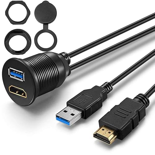OBVIS Cable de montaje HDMI USB3.0 USB3.0 y extensión HDMI al ras y tablero, cable de montaje en panel, para automóvil, barco, motocicleta (3 pies)