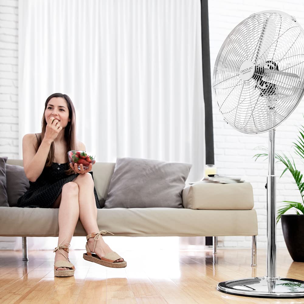 Cecotec Ventilateur sur pied EnergySilence 620 Retrostyle. 50 W, finition chromée, 16" de diamètre avec 4 pales, 3 vitesses, oscillation, hauteur réglable, sécurité maximale