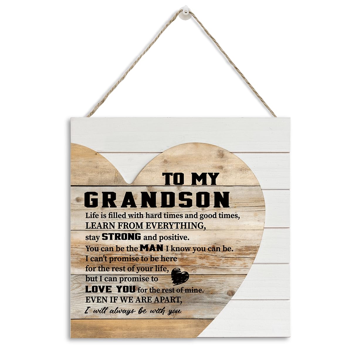 AUII JO DESIGN Grandson Gifts, Wooden Heart-Square Sign, Family Wall Art, 9.8*9.8IN, Brown Wood