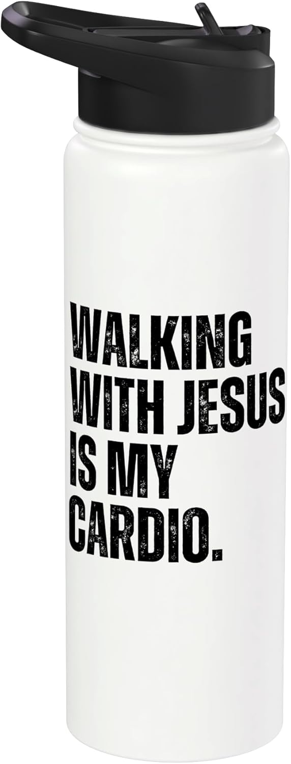Walking with Jesus is my Cardio funny Christian Faith runner Stainless Steel Insulated Water Bottle