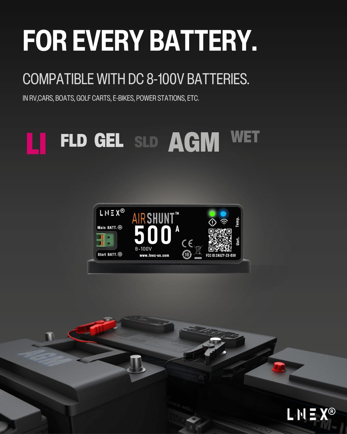 Bluetooth Battery Monitor, 500A Smart Shunt with Temp Sensor for 8-100V Lifepo4, Lithium Sealed, Gel, Flooded Battery