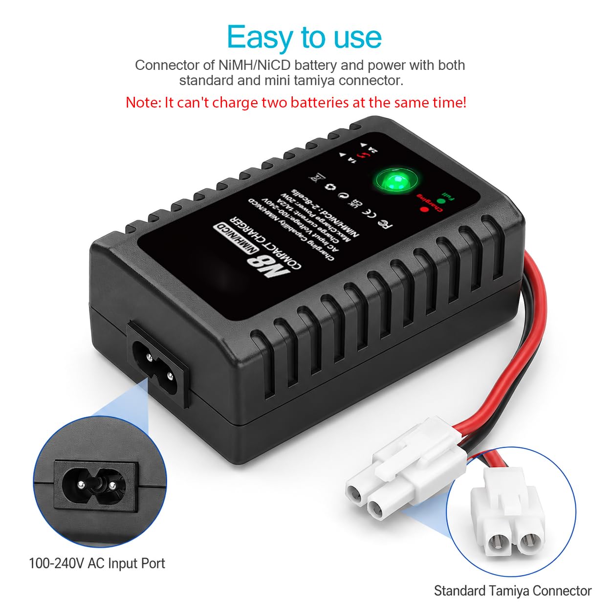 HTRC NiMH Chargeur pour batteries NiMH/NiCd 2-8S (2,4 V-9,6 V), chargeur RC 20 W avec Tamiya/Mini-Tamiya/câble avec pinces crocodiles, compatible avec voiture radiocommandée, bateau radiocommandé