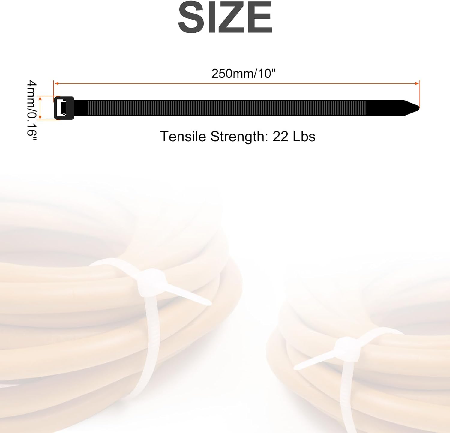 200pcs 10 Inch 22 Lbs Cable Zip Ties Self-Locking Long Nylon Cable Tie Wraps 4mm for Cord Management, Black