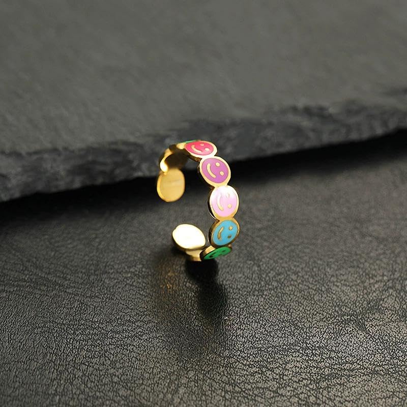 Multicolor Smiley Face Rings Adjustable Stainless Steel Enamel Rings Fashion Accessories Creative Gift