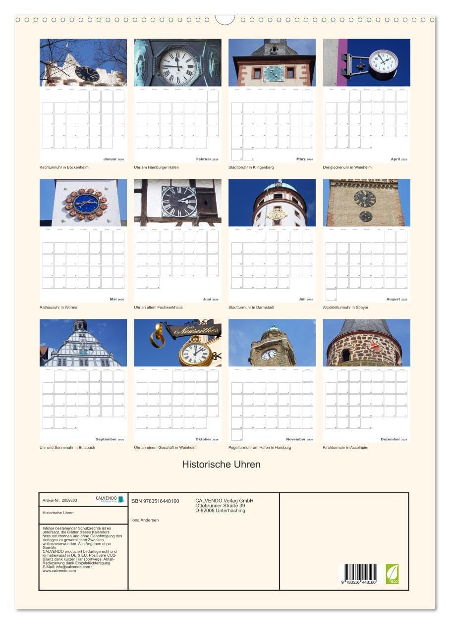 Historische Uhren (Wandkalender 2026 DIN A2 hoch), CALVENDO Monatskalender: Die Bedeutung der Uhrzeit im Leben der Menschen zeige ich in diesem ... außergewöhnlichen Uhren. (CALVENDO Orte)