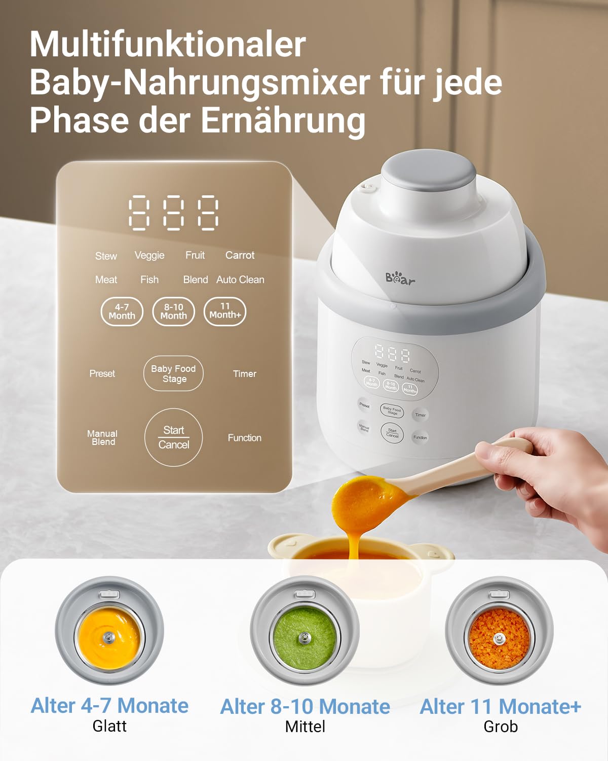 Bear NutriEase AllStage Baby Food Maker Edelstahl, OneStep Automatisches Kochen & Zerkleinern BPA-frei