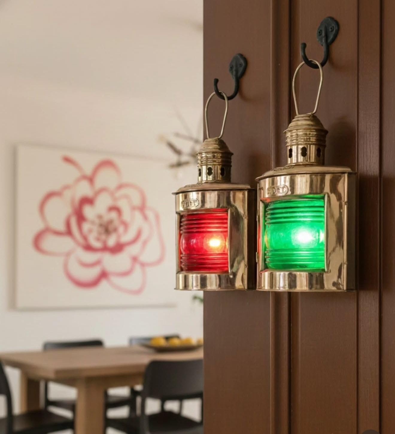Nautical Ship Lanterns, Brass Finish, Red and Green Port Starboard Lights, Wall Mount with Hooks, Maritime Decor