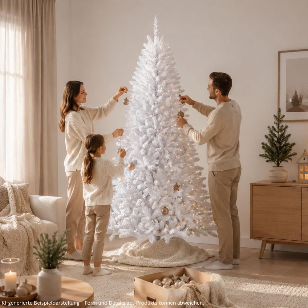 RS Trade Künstlicher Weihnachtsbaum 1015 Weiß 240 cm mit Metallständer, weißer Tannenbaum, künstlicher Christbaum, Kunstbaum Weihnachten, einfacher Aufbau, schwer entflammbar, für Allergiker geeignet