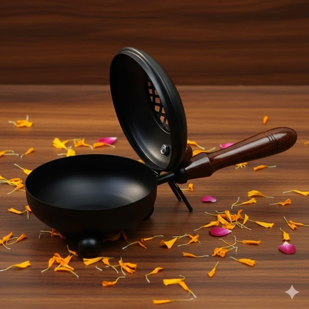 Metal Dhoop Holder with Wooden Handle | Dhup Dani Loban Burner | Doopam Holder for Puja | Loban Burner | Incense Burner.